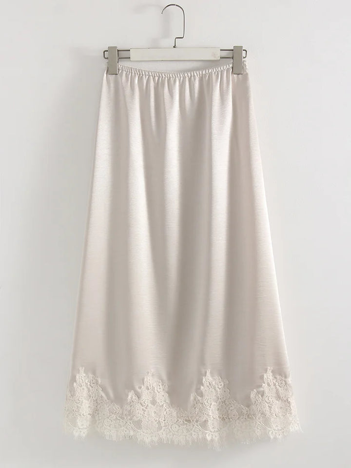 Streamgirl Midi Lace Satin Skirts Women Spring Summer High Waist Straight Burgundy Skirts With Lace For Women Office Wear Skirt