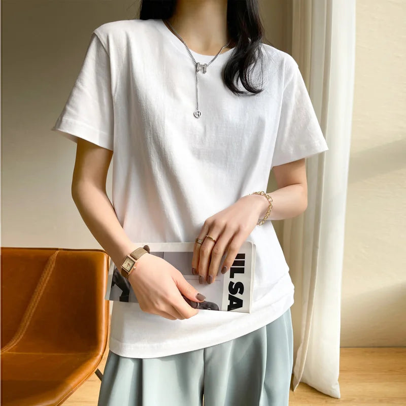 Women T-shirts 2026 Tops Solid Short Sleeve Loose O-neck  Cotton Casual Ladies Shirts Harajuku Korean Summer Woman Tshirts