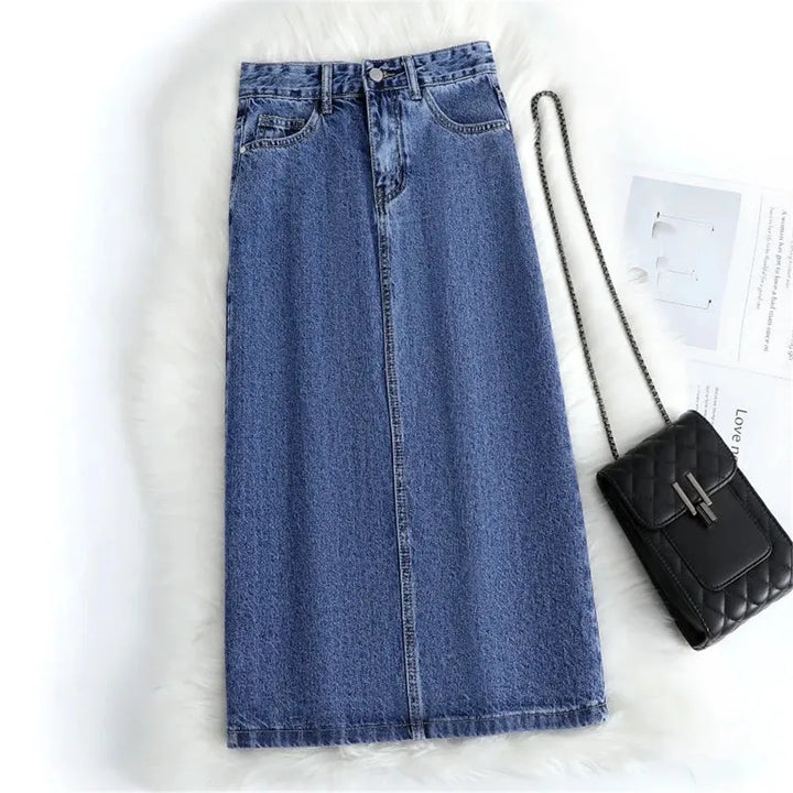 Women Denim Skirt Spring A Line Summer High Waist Loose Split Hem Dark Blue Chic Casual Streetwear Jean Midi Skirt Streetwear