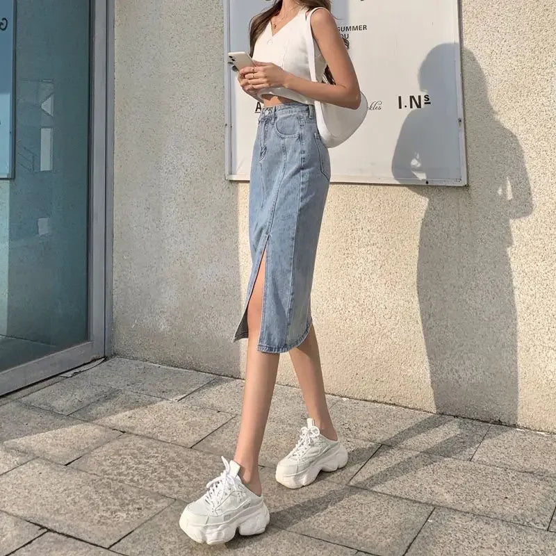 Female Jeans Skirts Midi Blue High Waist With Slit Women&