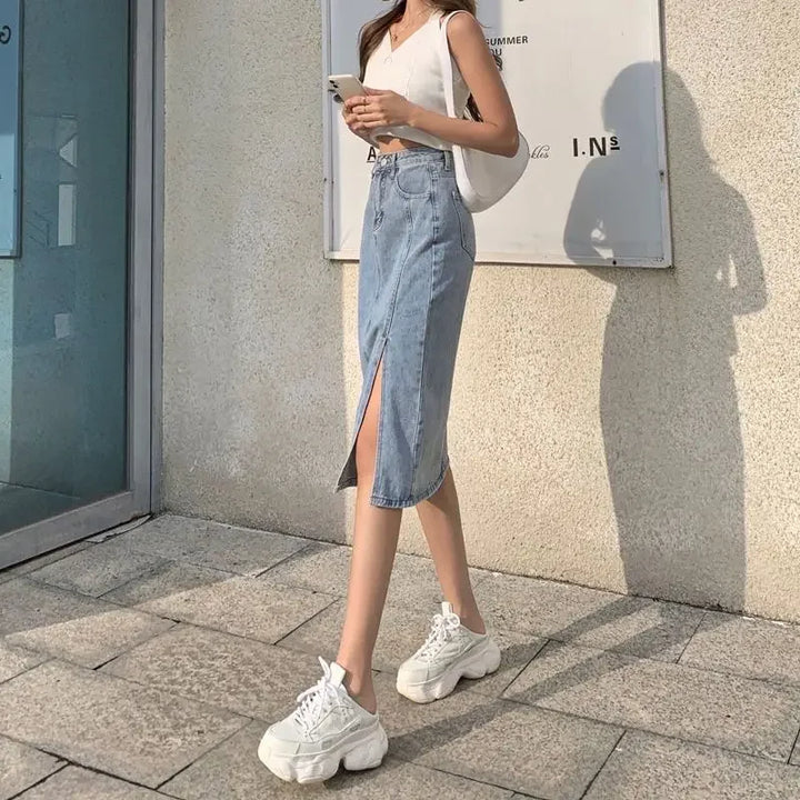 Female Jeans Skirts Midi Blue High Waist With Slit Women&