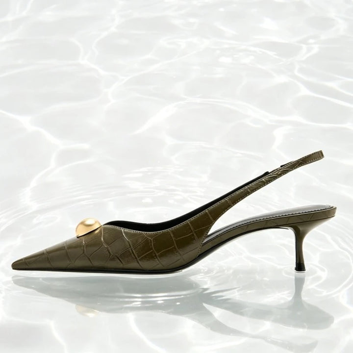 Unique Embossed Slingback Pumps Women Elegant Pointed-Toe Metal Decoration Designer Shoes Comfortable Kitten-Heel Office Shoes
