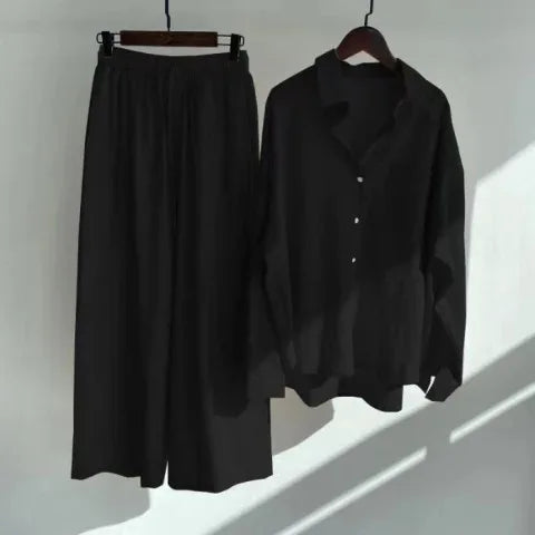 Women Linen 2 Piece Outfit Set Lapel Long Sleeve Button Down Shirt Elastic Waist Wide Leg Pants Casual Loose Matching Suit Vacat