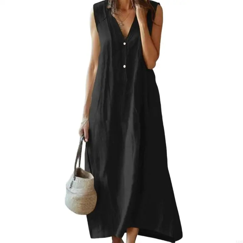 Y3NE Womens Cotton Linen Dress Casual V-Neck Sleeveless Spring Maxi Dresses Beach Dresses Vacation Outfits