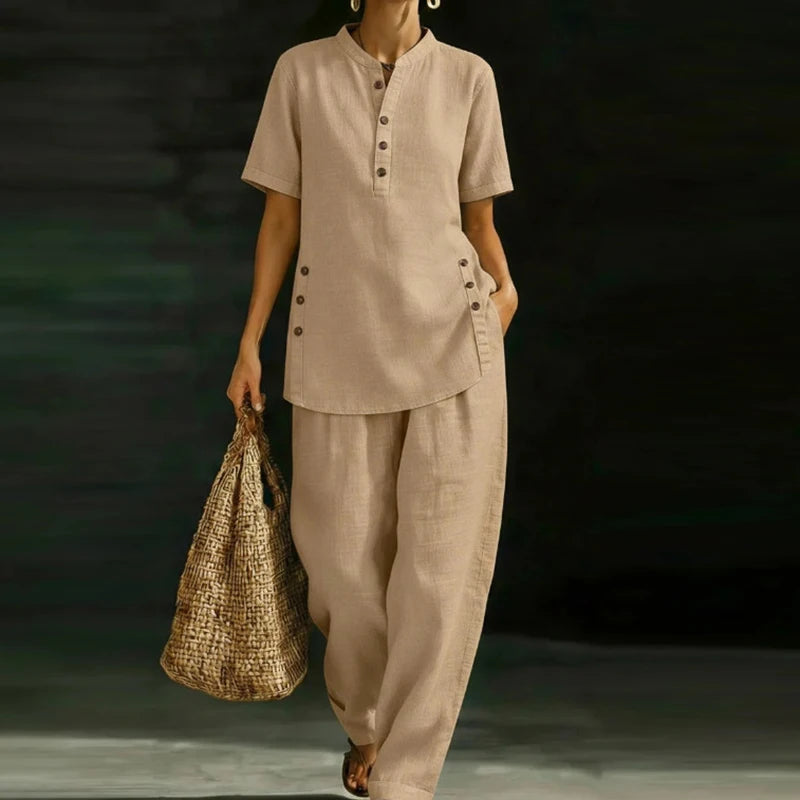 Fashion Cotton Linen Short Sleeve O Neck Button Shirt Wide Leg Pants Suit Women Casual Two Piece Sets Summer Office 2PCS