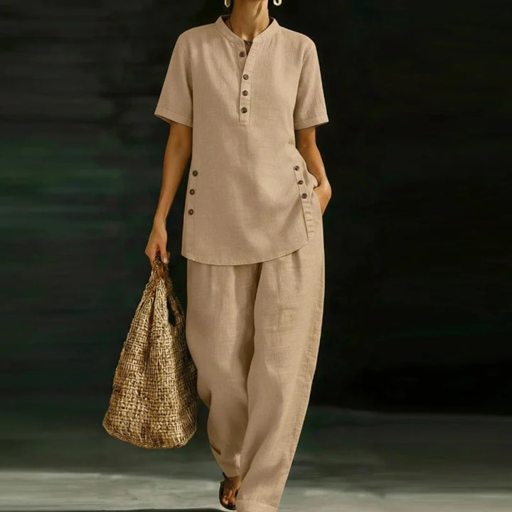 Fashion Cotton Linen Short Sleeve O Neck Button Shirt Wide Leg Pants Suit Women Casual Two Piece Sets Summer Office 2PCS