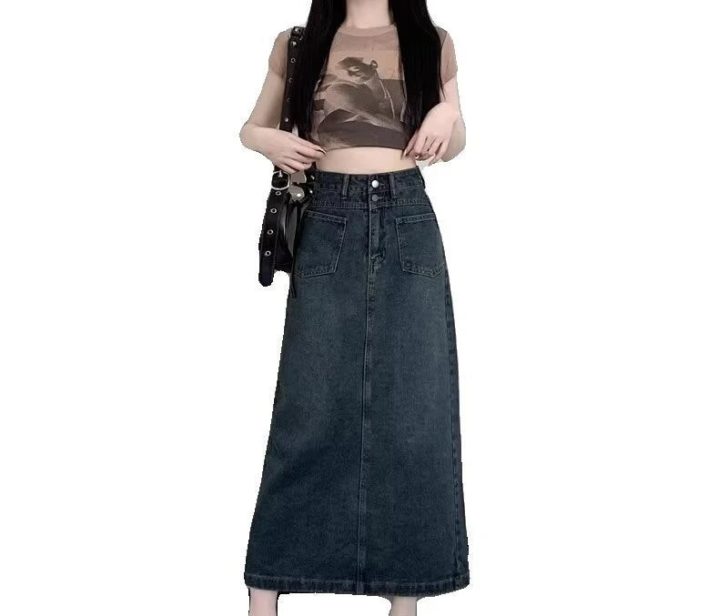 Split Denim Midi Skirt for Women New Plus Size A-line High Waist Long Skirt with Crotch Covering