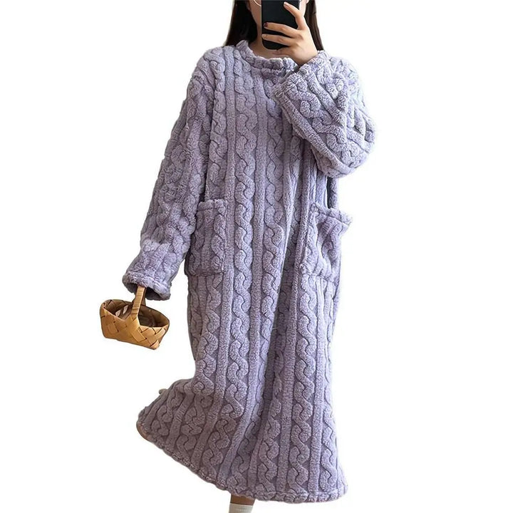 Winter Women Flannel Nightgowns Long Sleeve Double Pocket Loose Solid Sleepwear Jacquard Night Dress Thickened Warm Nightdress