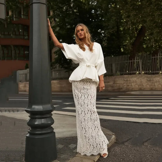 Women's Elegant 2 Piece Outfits White Batwing Sleeve Peplum Top Back Slit Lace Maxi Skirt Suit Wedding Guest Cocktail Party Wear