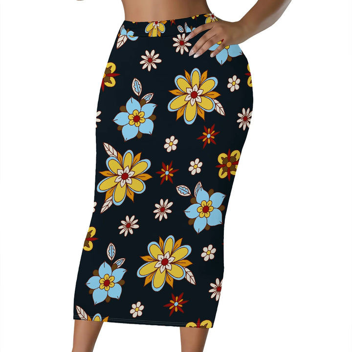 Floral Print Pencil Skirt, Red Berry Leaf Pattern Midi Skirt, High Waist Bodycon Skirt for Women Office Party Wear S-2XL
