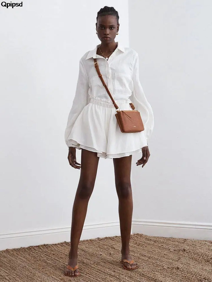 Women Casual Shirt Shorts Two Piece Summer New Fashion Personality Long Sleeved Shirt Loose Shorts Lady Simple Solid Color Suit