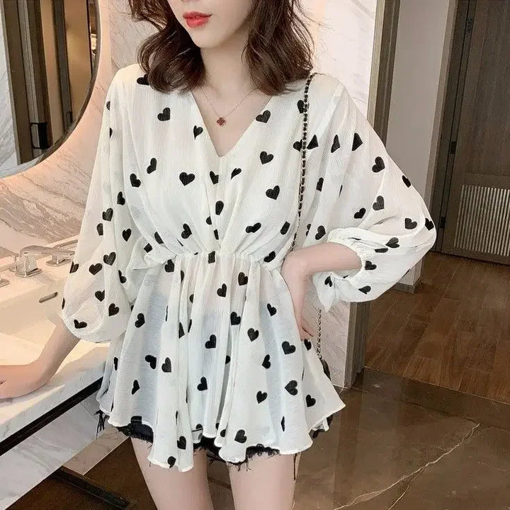 V Neck Tops For Women Pattern Chiffon Womens Shirt &amp; Blouse Loose Clothes Aesthetic M Tall Fine Elegant 2025 Comfortable Y2k S