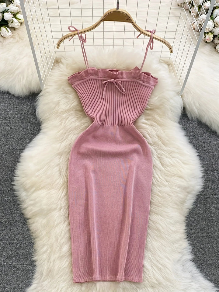 2024 Ribbed Lace Up Dress  Elegant Solid Slim Ruffle Trim Dress Women&