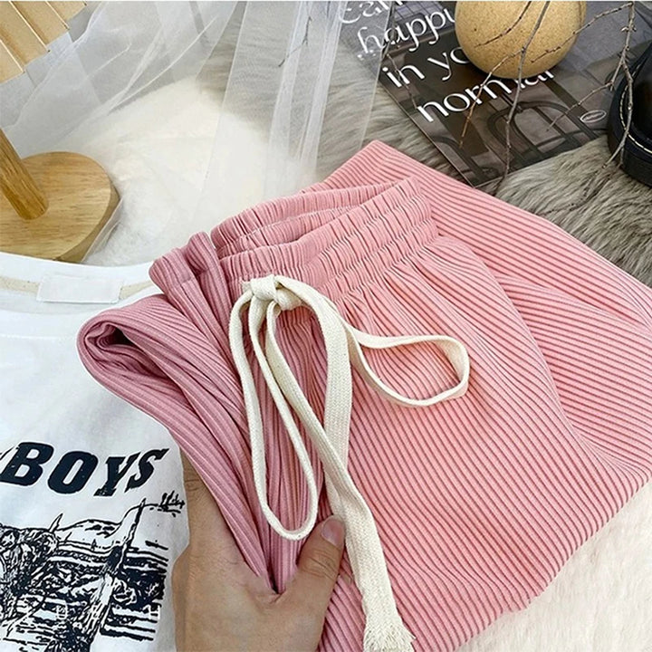 Women High Stretch Waist Wide Leg Pants Summer Drawstring Loose Long Rib Knitted Trousers