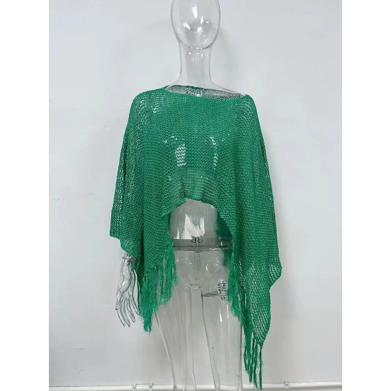 Women Summer Crochet Knit Mesh Cover Up Sexy Tassel Knit Poncho Sheer Beach Sun Protection Off Shoulder Irregular Shawl Top