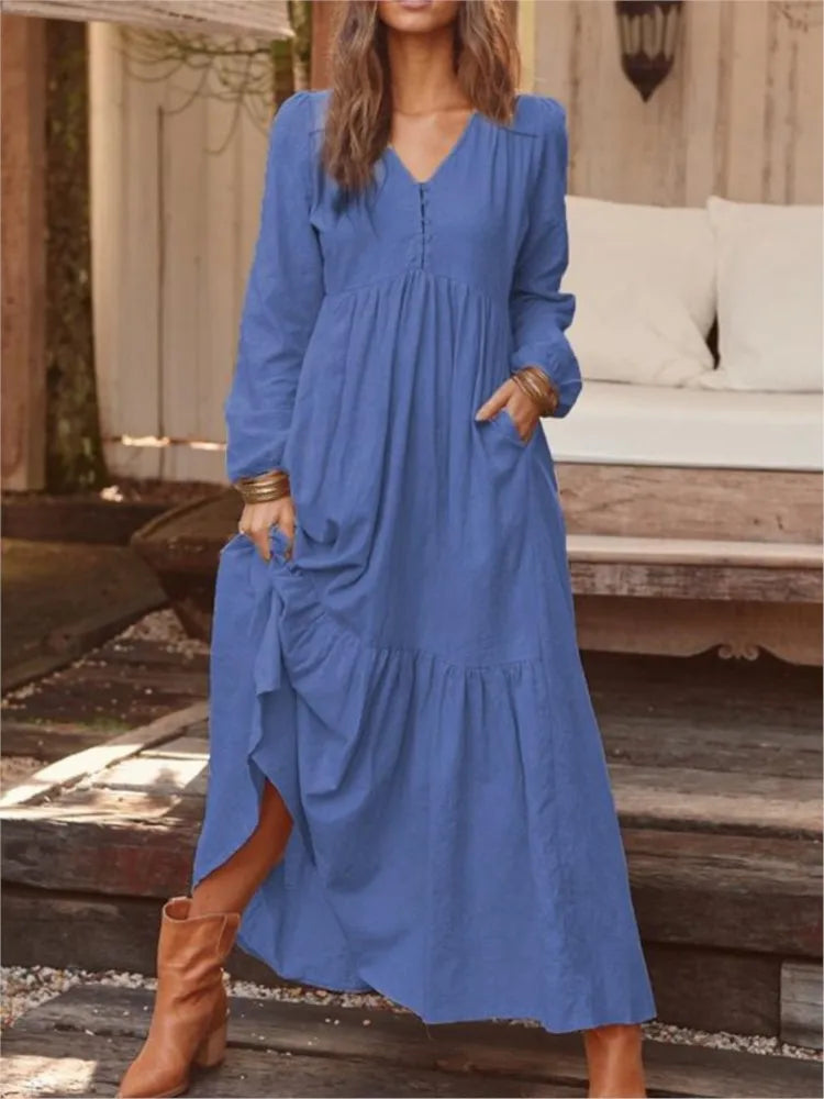 Cotton And Linen Vintage Style Long Dress For Women Casual V Neck Long Sleeve Loose Maxi Dresses Female Elegant Women&