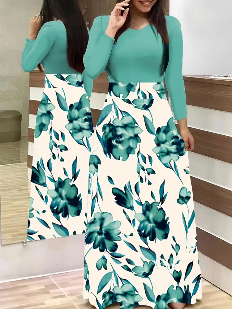 Chic Floral Maxi Dress - Casual Fit &amp; Flare with High-Waist Design, Long Sleeves, and Easy Care Knit for Women