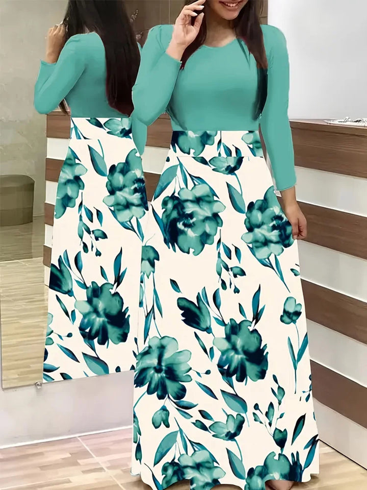 Chic Floral Maxi Dress - Casual Fit &amp; Flare with High-Waist Design, Long Sleeves, and Easy Care Knit for Women