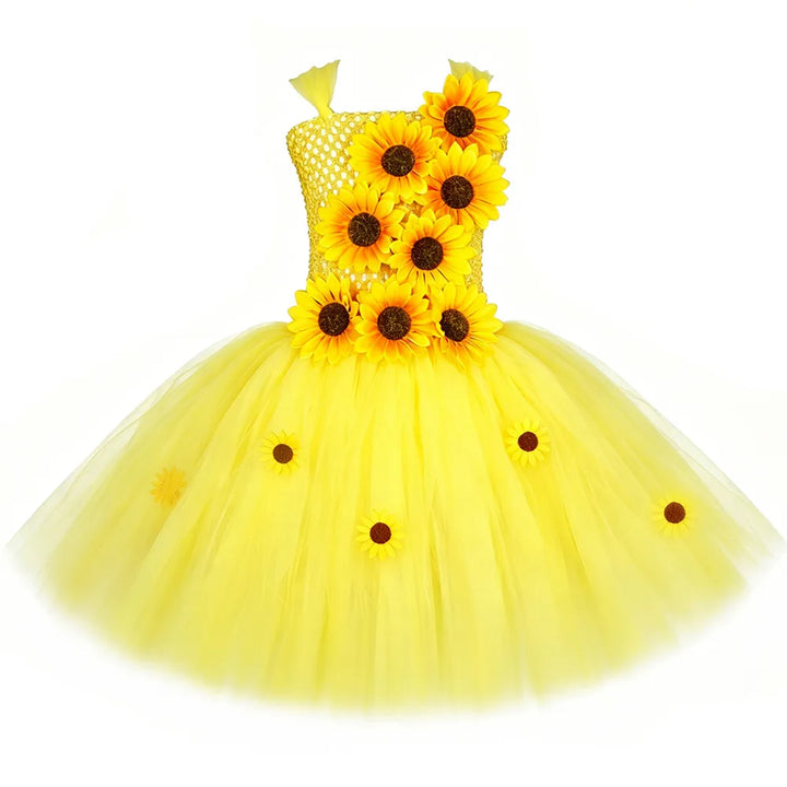 Fall Autumn Sunflower Fairy Princess Dress for Girls Thanksgiving Holiday Party Costume Set Yellow Kids Flower Girl Tutu Dresses
