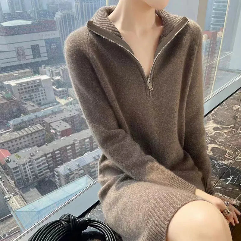Autumn And Winter New Wool Dress Feminine Long-Sleeved Loose POLO Neck Dress