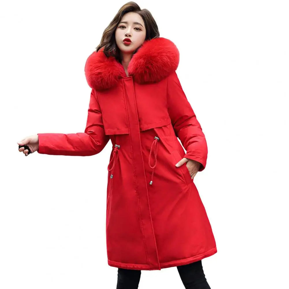 Winter Women Jacket Furry Hood Cotton Jacket Plus Size Zipper And Button Closure Plush Lining Cotton Coat Windproof Warm Coat