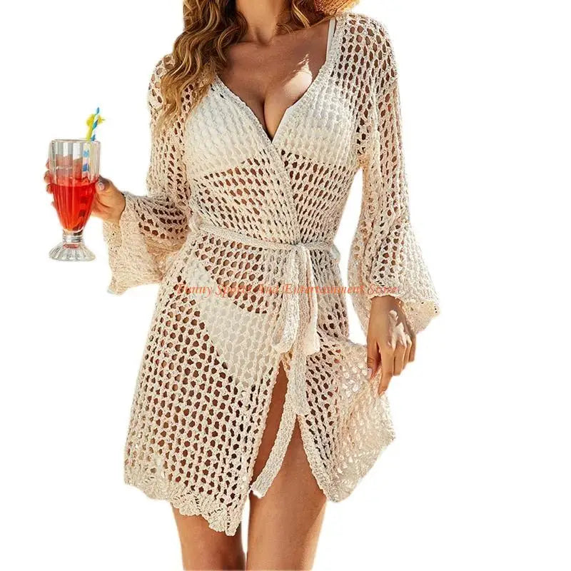 C4DE Women Beachwear Swimsuit Cover Up Knitting Crochet Beach Cover Up Dress Hollow out Beach Dress Girls Pareos for Summer