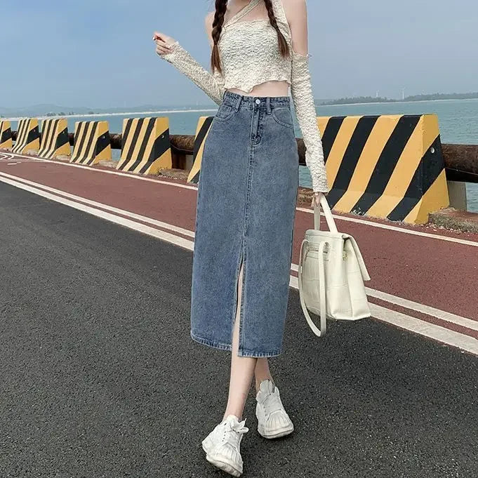 Female Jeans Skirts Midi Blue High Waist With Slit Women&