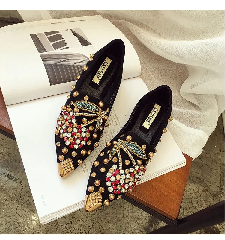 Woman Flats Loafers Shoes Rhinestone Crystal Loafers Ladies Casual Shoes for Women Pointed-Toe Flats Spring and Autumn Loafers