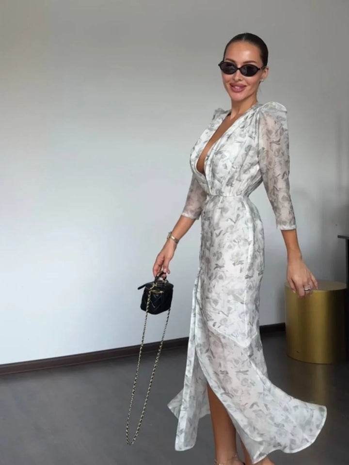 Fashion Floral Printed Maxi Dress Chic Deep V Neck Puff Sleeve Peplum Slit Dresses 2026 Summer Wedding Cocktail Party Women Gown