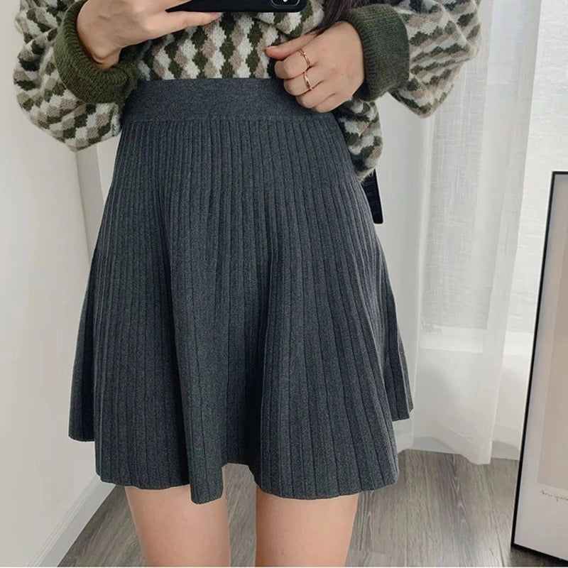 Knitted Solid Midi Skirt for Women Spring Autumn New Korean All-match High Waist Fashion A-line Skirt Vintage Elegant Clothing