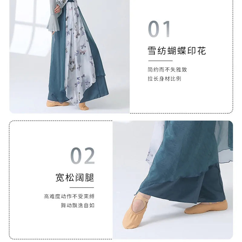 Women 2 Layers Dance Trousers Gauze Print Chiffon Culottes Flowy Skirt Pant Loose Wide Leg Modern Hanfu Elegant Practice Clothes
