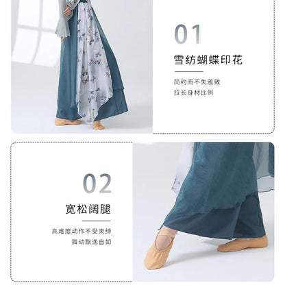 Women 2 Layers Dance Trousers Gauze Print Chiffon Culottes Flowy Skirt Pant Loose Wide Leg Modern Hanfu Elegant Practice Clothes