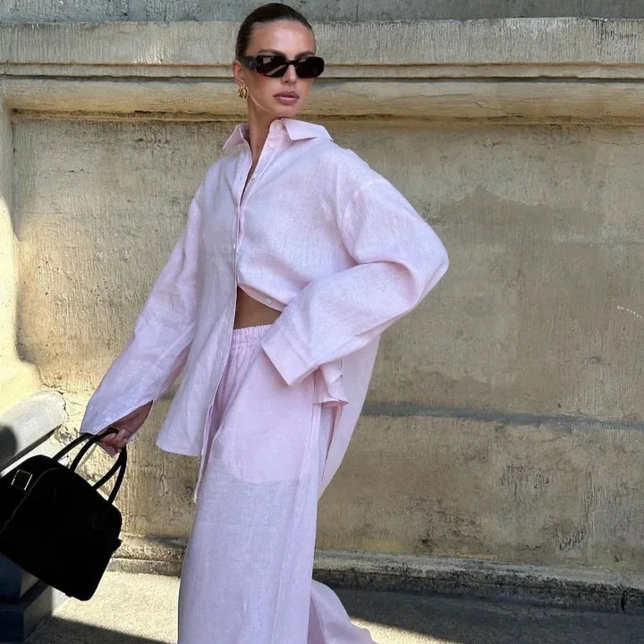 Women Pink Linen Two Piece Set Oversized Long Sleeve Shirt Elastic Waist Wide Leg Pants Casual Outfit