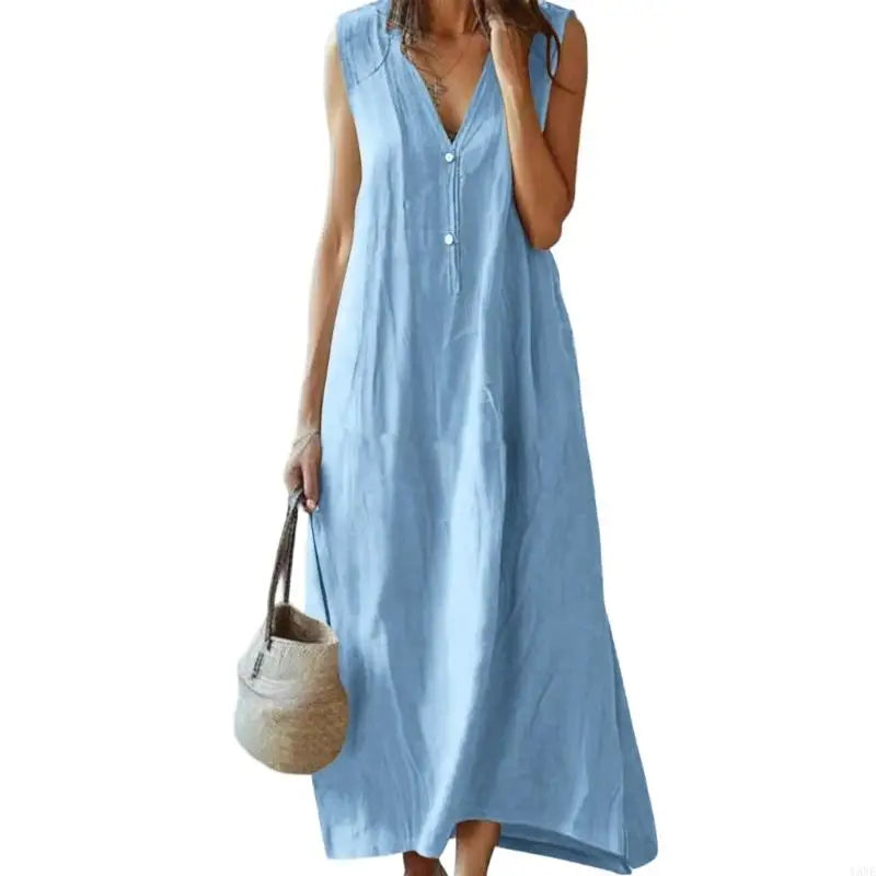 Y3NE Womens Cotton Linen Dress Casual V-Neck Sleeveless Spring Maxi Dresses Beach Dresses Vacation Outfits