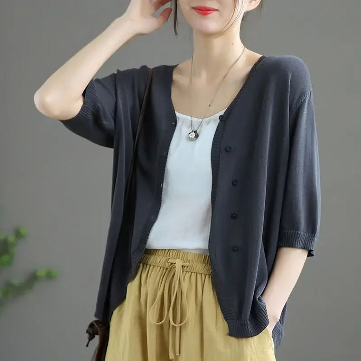 Knitted Sweater Woman Outerwear V Neck Summer Thin Solid Cardigan for Women 2025 Trending Fashion Lightweight Harajuku Aesthetic