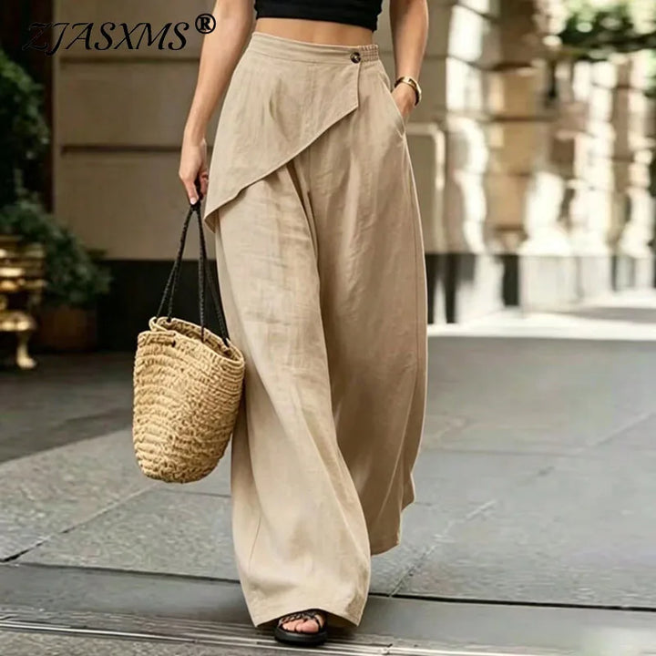 Women Irregular Wrap Overlay Wide Leg Pants Elastic High Waist Solid Trousers Button Pockets Spring Summer Casual Loose Culottes