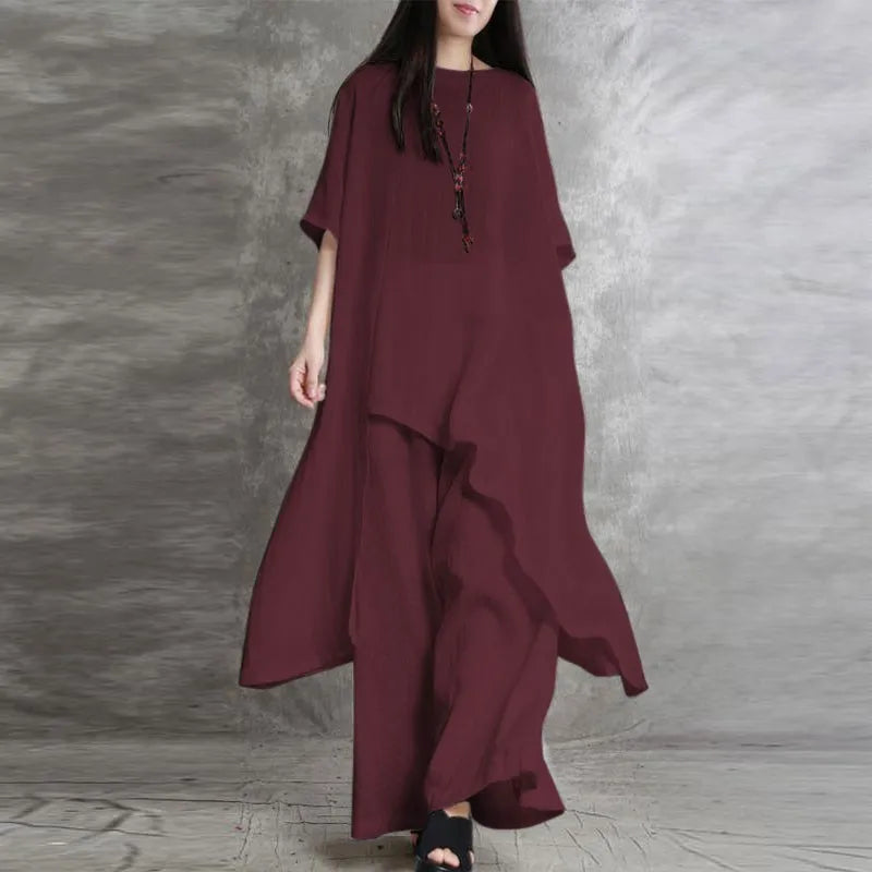 Women Cotton Linen Pant Sets 2 Pieces Casual Half Sleeve Solid Loose Blouse&amp;High Elastic Waist Wide Leg Full Trousers Suits