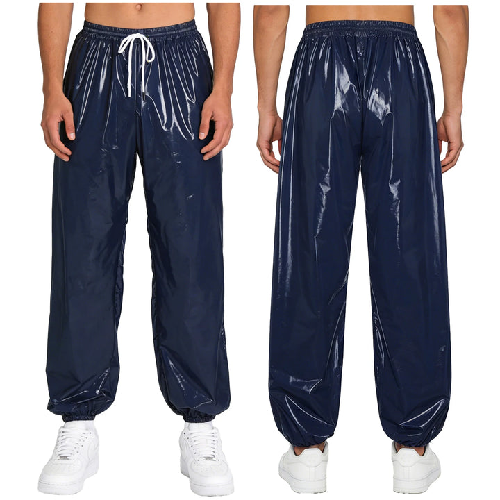 Mens Waterproof Jogger Pants Wet Look Drawstring Elastic Waistband Loose Track Pants Workout Cycling Motorcycle Biker Trousers