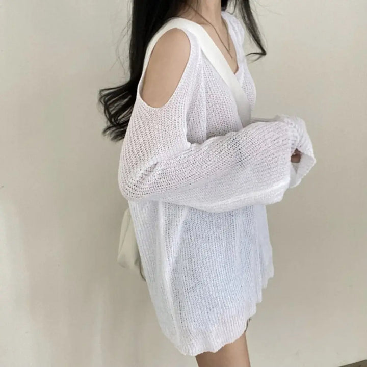 Simple Hollow Out Knit Long T-shirt Long Sleeve Pullover Crochet Knitwear V-neck Chic Knitted Loose Top Women
