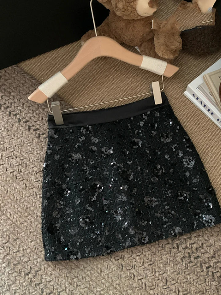Sequined midi skirt for women in spring high waisted A-line skirt high-end design niche temperament hip hugging short skirt