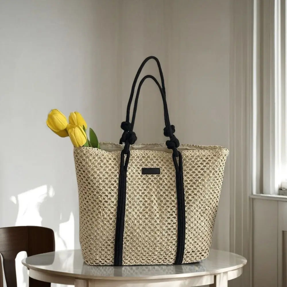 Handmade Straw Woven Bags Large Capacity Zipper Closure Beach Handbags Top-Handle Solid Color Women&