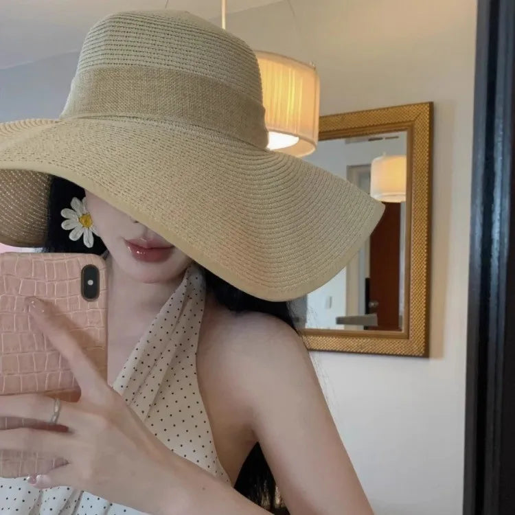 Wide Brim Straw Hat Women Summer Large Floppy Beach Cap Foldable outdoor protection sun hat travel vacation beach hat sombrero