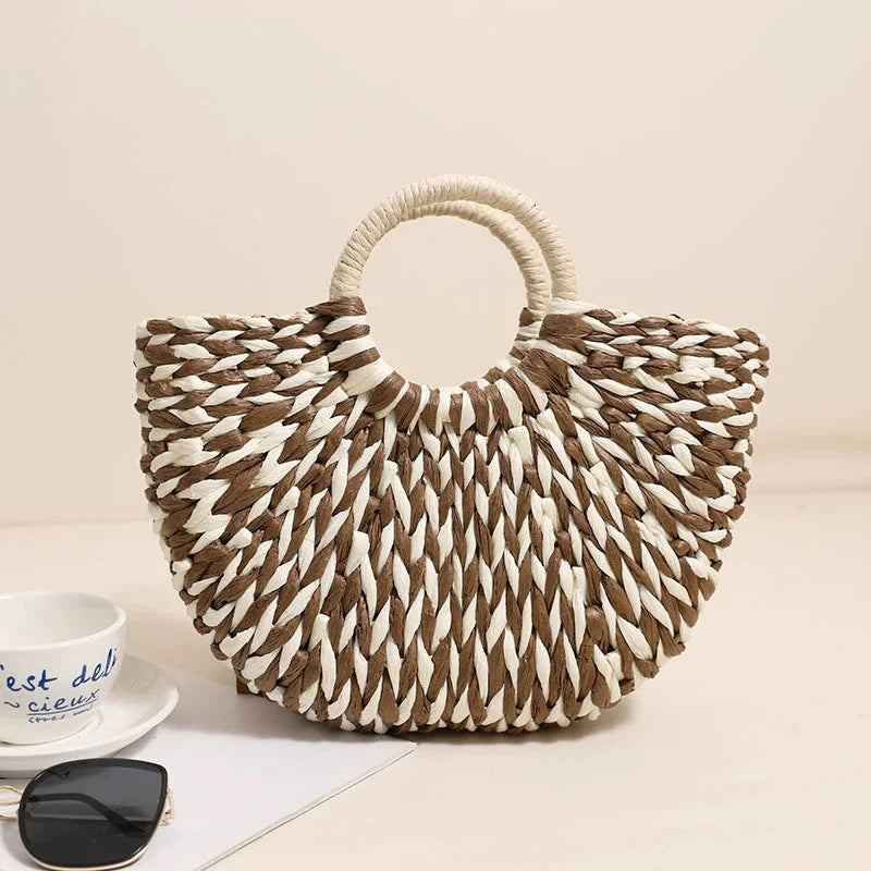 TOPHIGH Women Straw Tote Bag Large Capacity Luxury Designer Woven Bag Color Clash Semicircle Weaving Bag Summer Beach Handbag