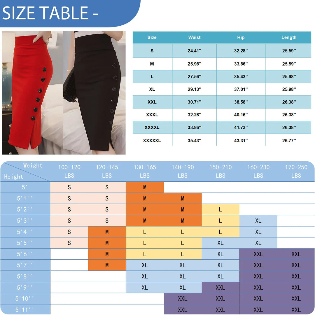 Elegant Women Vintage Office Skirt Lady Slim High Waist Buttons Slit Pencil Skirts Women Summer Sexy Stretch Midi Skirts