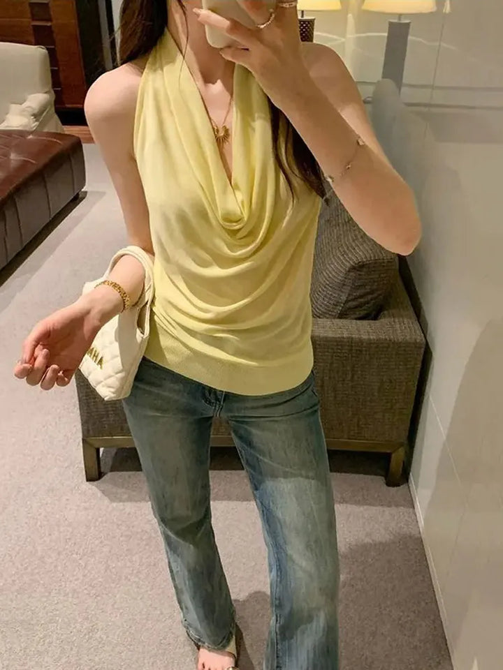 Cowl Neck Elegant Summer Women Top Sleeveless Halter Neck Tank Top Laced Ice Silk Knit Backless Sexy Basic Tees Blouse
