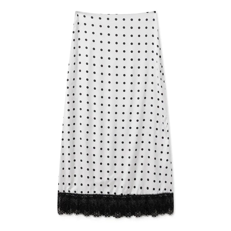 hirigin Women Elegant Lace Satin Spliced Midi Skirts Sexy Dots Print High Waist Retro Casual Straight Midi Skirts Y2K Streetwear
