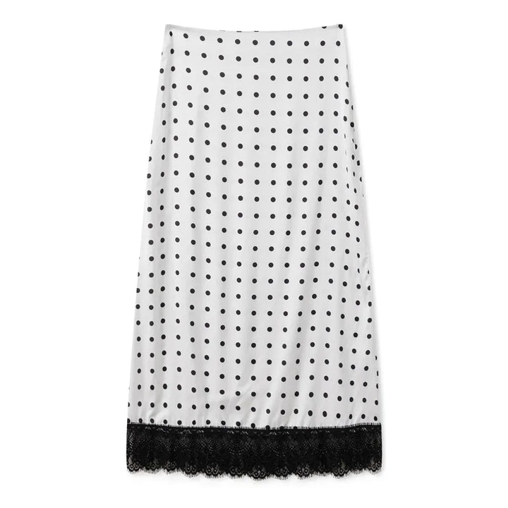 hirigin Women Elegant Lace Satin Spliced Midi Skirts Sexy Dots Print High Waist Retro Casual Straight Midi Skirts Y2K Streetwear