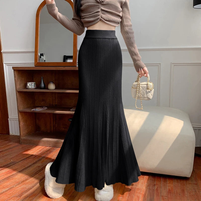 Sexy Hip-Wrapped Knitting Long Skirt for Women Elegant Elastic High Waist Mermaid Skirts Woman Pleated A Line Midi Skirt Ladies