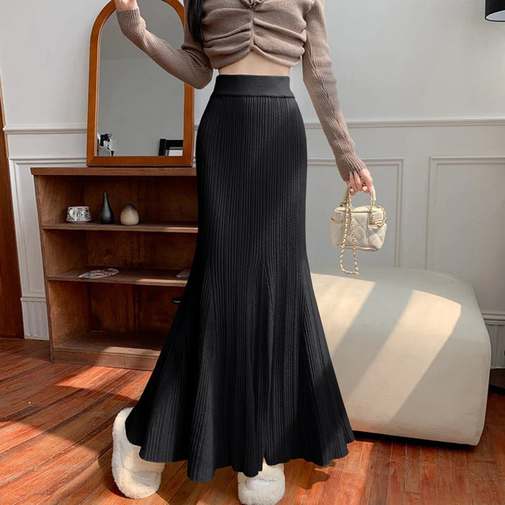 Sexy Hip-Wrapped Knitting Long Skirt for Women Elegant Elastic High Waist Mermaid Skirts Woman Pleated A Line Midi Skirt Ladies