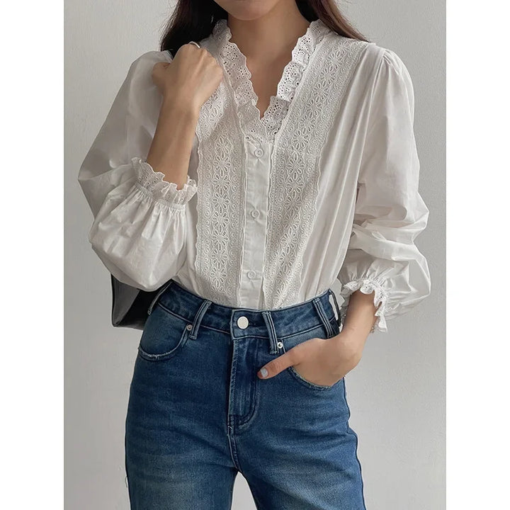 Vintage V-neck Lace Shirt Women&